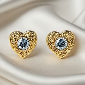 Gold Heart Stud Earrings with Crystal Accents – Romantic Dainty Jewelry